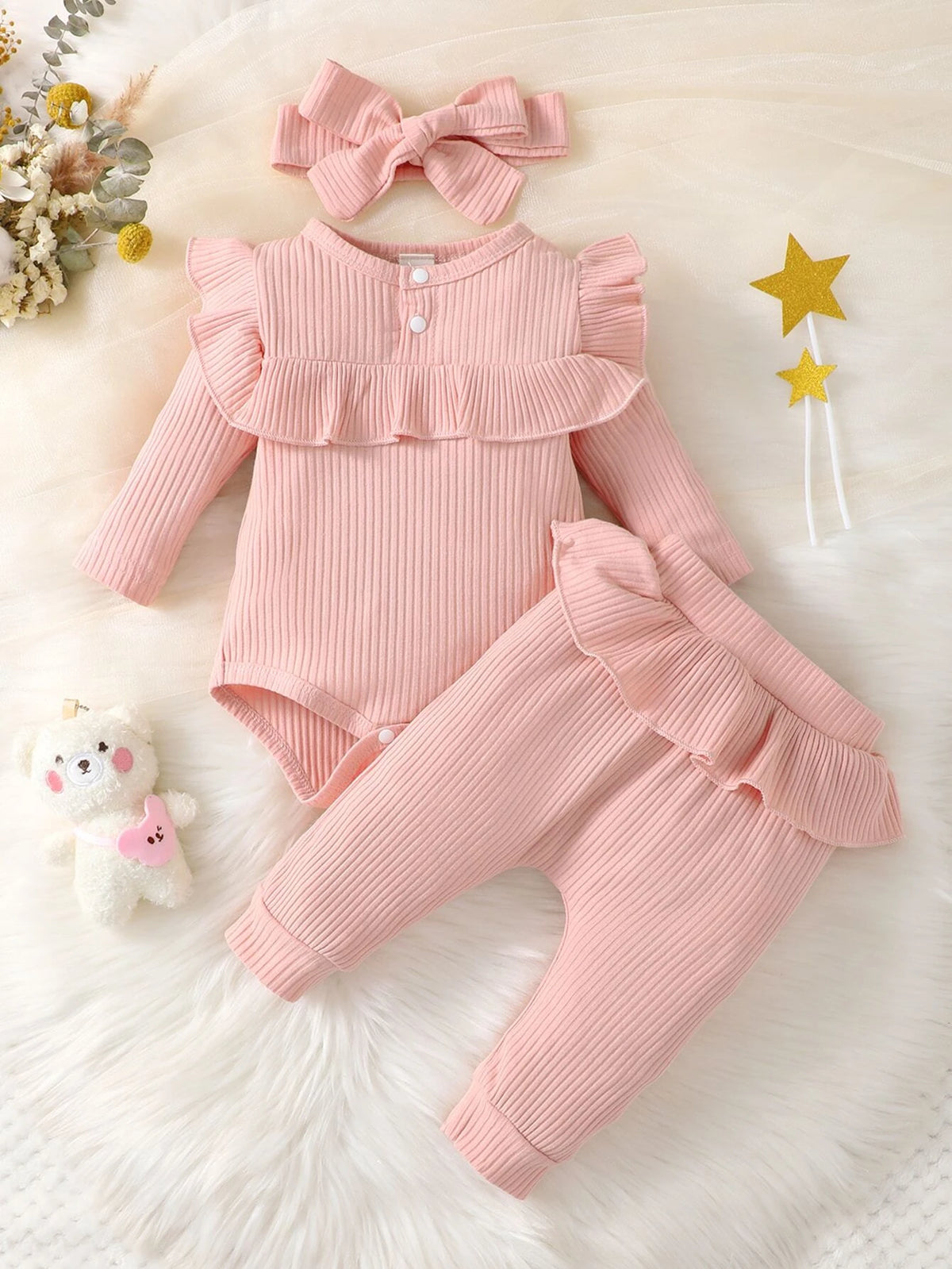 Baby Ruffle Trim Bodysuit & Pants & Headband