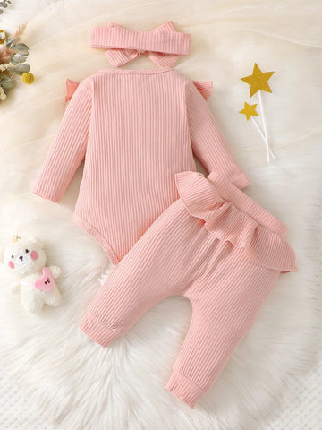 Baby Ruffle Trim Bodysuit & Pants & Headband