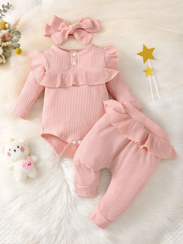 Baby Ruffle Trim Bodysuit & Pants & Headband