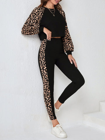Leopard Print Raglan Sleeve Tee & Leggings