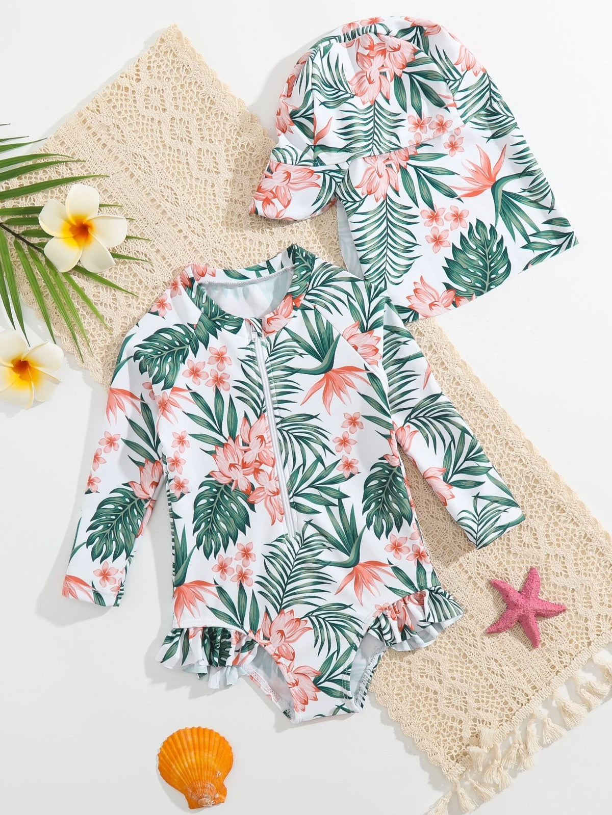 Baby Tropical Print Ruffle Hem One Piece Swimsuit With Hat
