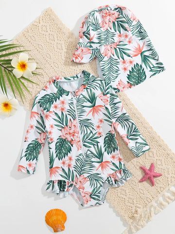 Baby Tropical Print Ruffle Hem One Piece Swimsuit With Hat