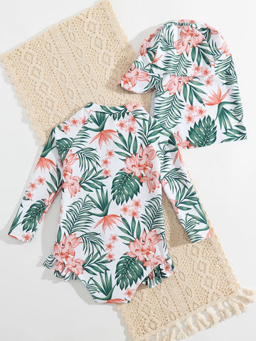 Baby Tropical Print Ruffle Hem One Piece Swimsuit With Hat