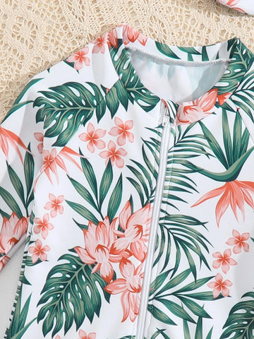 Baby Tropical Print Ruffle Hem One Piece Swimsuit With Hat