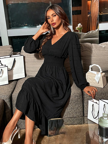 Swiss Dot Shirred Waist Lantern Sleeve Ruffle Hem Dress