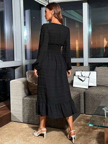 Swiss Dot Shirred Waist Lantern Sleeve Ruffle Hem Dress