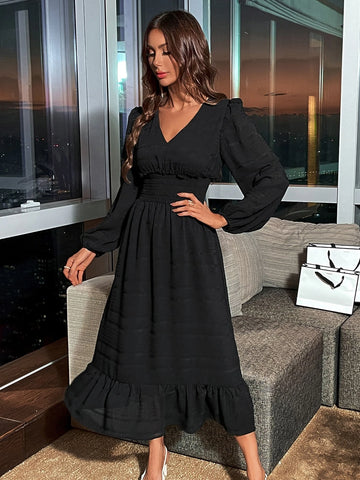 Swiss Dot Shirred Waist Lantern Sleeve Ruffle Hem Dress