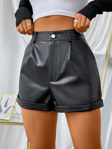 High Waist Roll Up Hem PU Leather Shorts