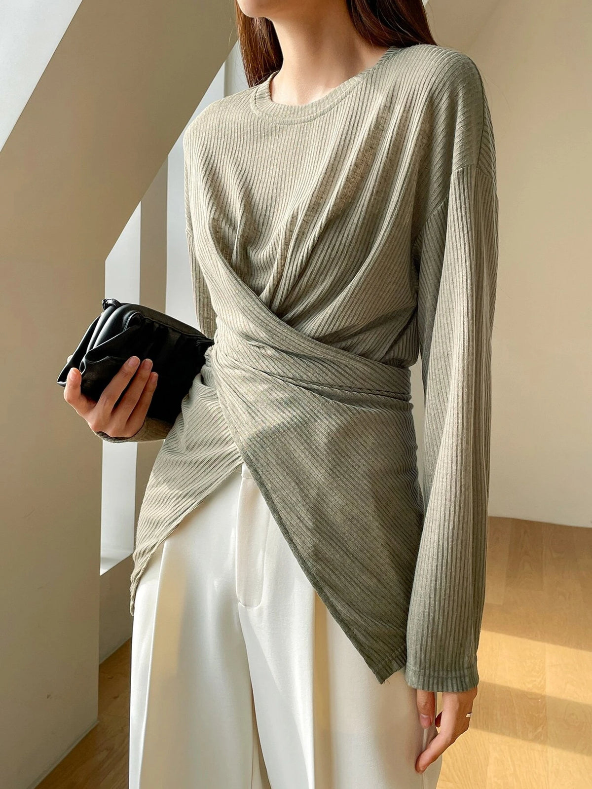 DAZY Solid Criss Cross Front Button Back Drop Shoulder Tee