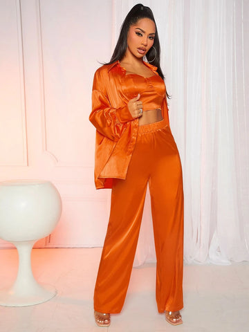 SXY Solid Tube Top & Pants & Drop Shoulder Shirt