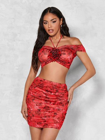 BAE Floral Print Appliques Tie Backless Crop Halter Top & Bodycon Skirt