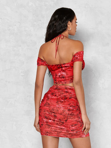 BAE Floral Print Appliques Tie Backless Crop Halter Top & Bodycon Skirt