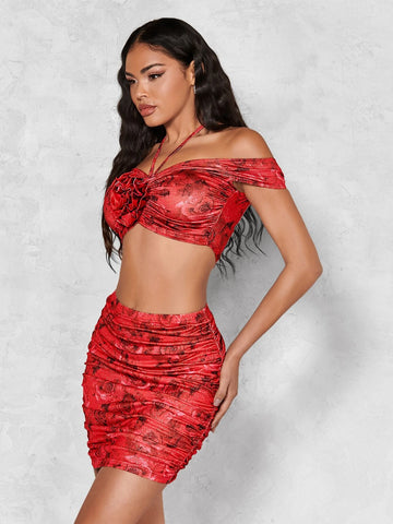 BAE Floral Print Appliques Tie Backless Crop Halter Top & Bodycon Skirt