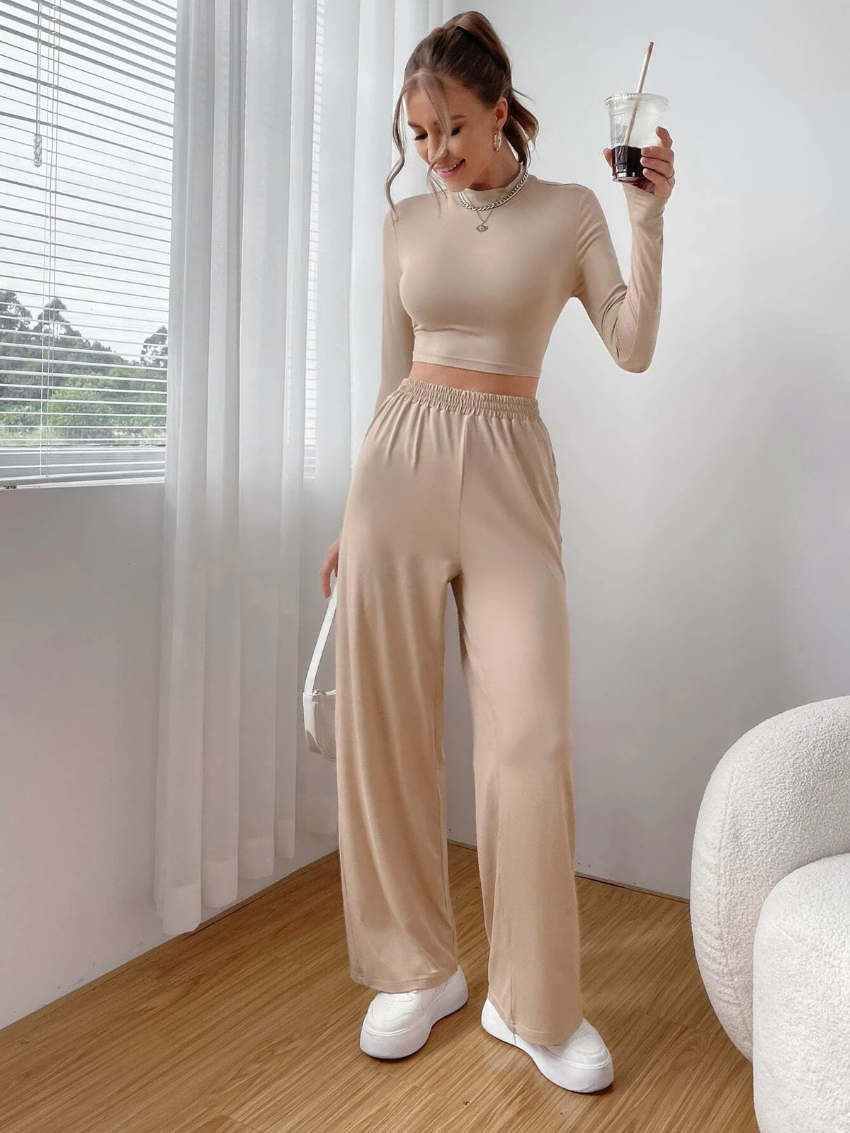 Solid Crop Tee & Wide Leg Pants