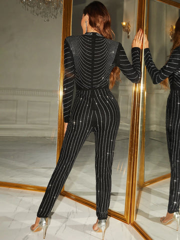 Mock Neck Rhinestone Unitard Jumpsuit