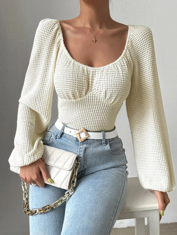 Scoop Neck Lantern Sleeve Ruched Bust Waffle Knit Bodysuit