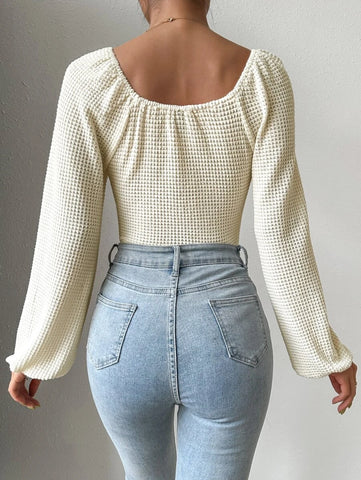 Scoop Neck Lantern Sleeve Ruched Bust Waffle Knit Bodysuit