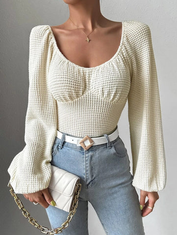 Scoop Neck Lantern Sleeve Ruched Bust Waffle Knit Bodysuit