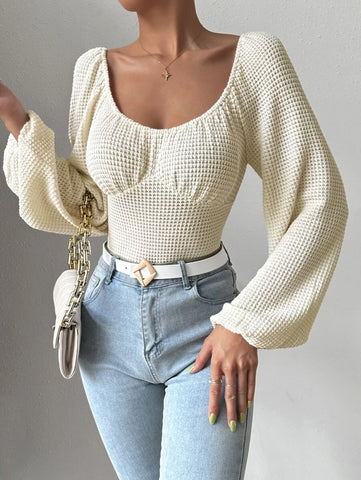 Scoop Neck Lantern Sleeve Ruched Bust Waffle Knit Bodysuit