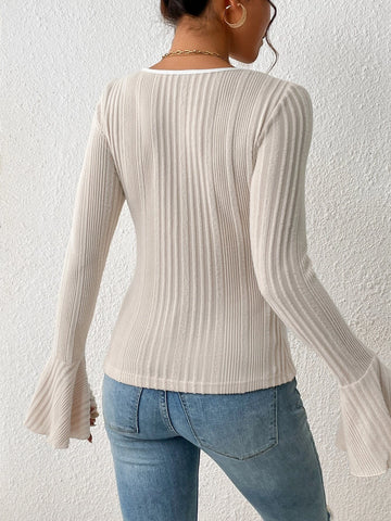 Frenchy Scoop Neck Flounce Sleeve Ribbed Knit Tee
