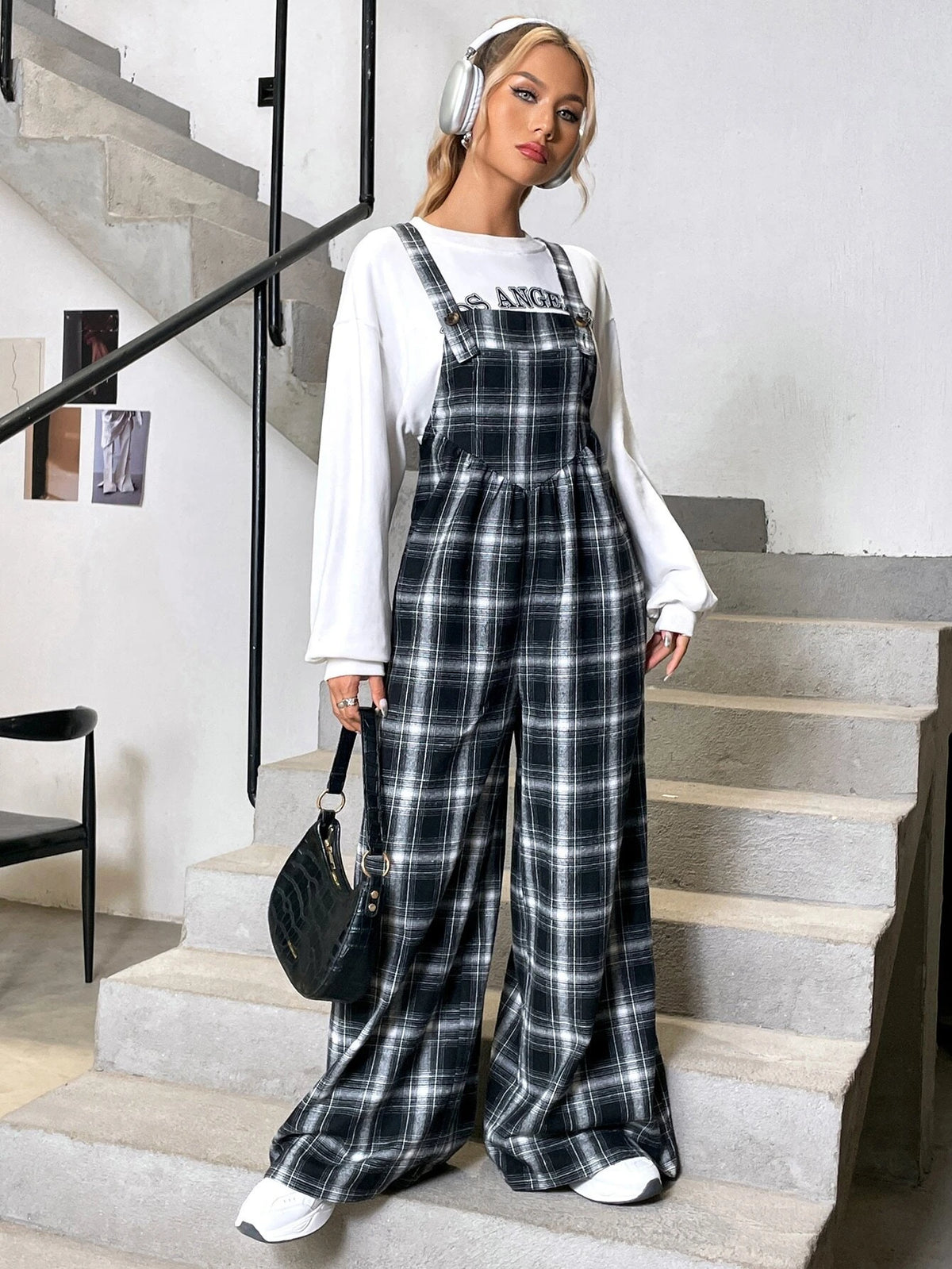 Plaid Print Overall Jumpsuit Without Tee
