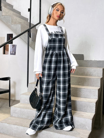 Plaid Print Overall Jumpsuit Without Tee
