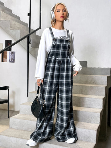 Plaid Print Overall Jumpsuit Without Tee