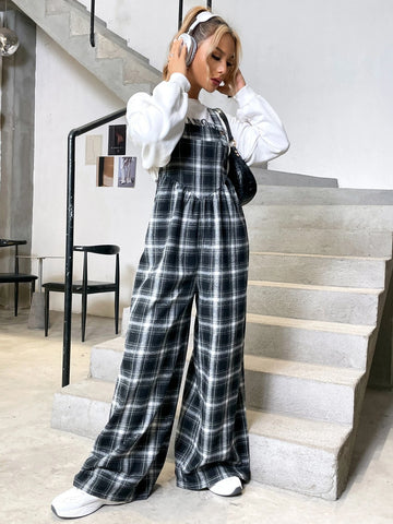 Plaid Print Overall Jumpsuit Without Tee