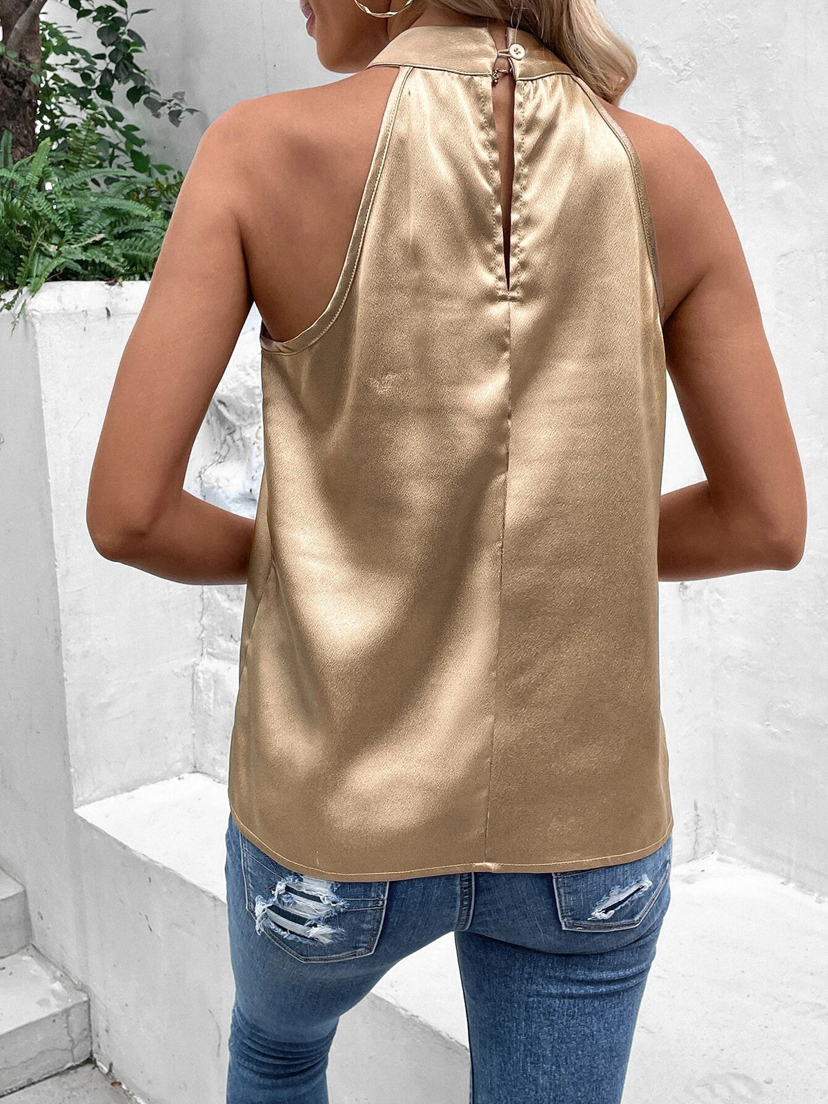 Solid Keyhole Back Halter Neck Blouse