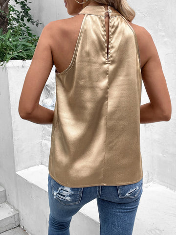 Solid Keyhole Back Halter Neck Blouse