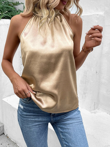 Solid Keyhole Back Halter Neck Blouse