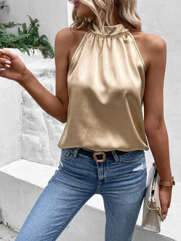 Solid Keyhole Back Halter Neck Blouse
