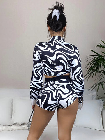Zebra Striped Print Plunging Collar Crop Top & Shorts