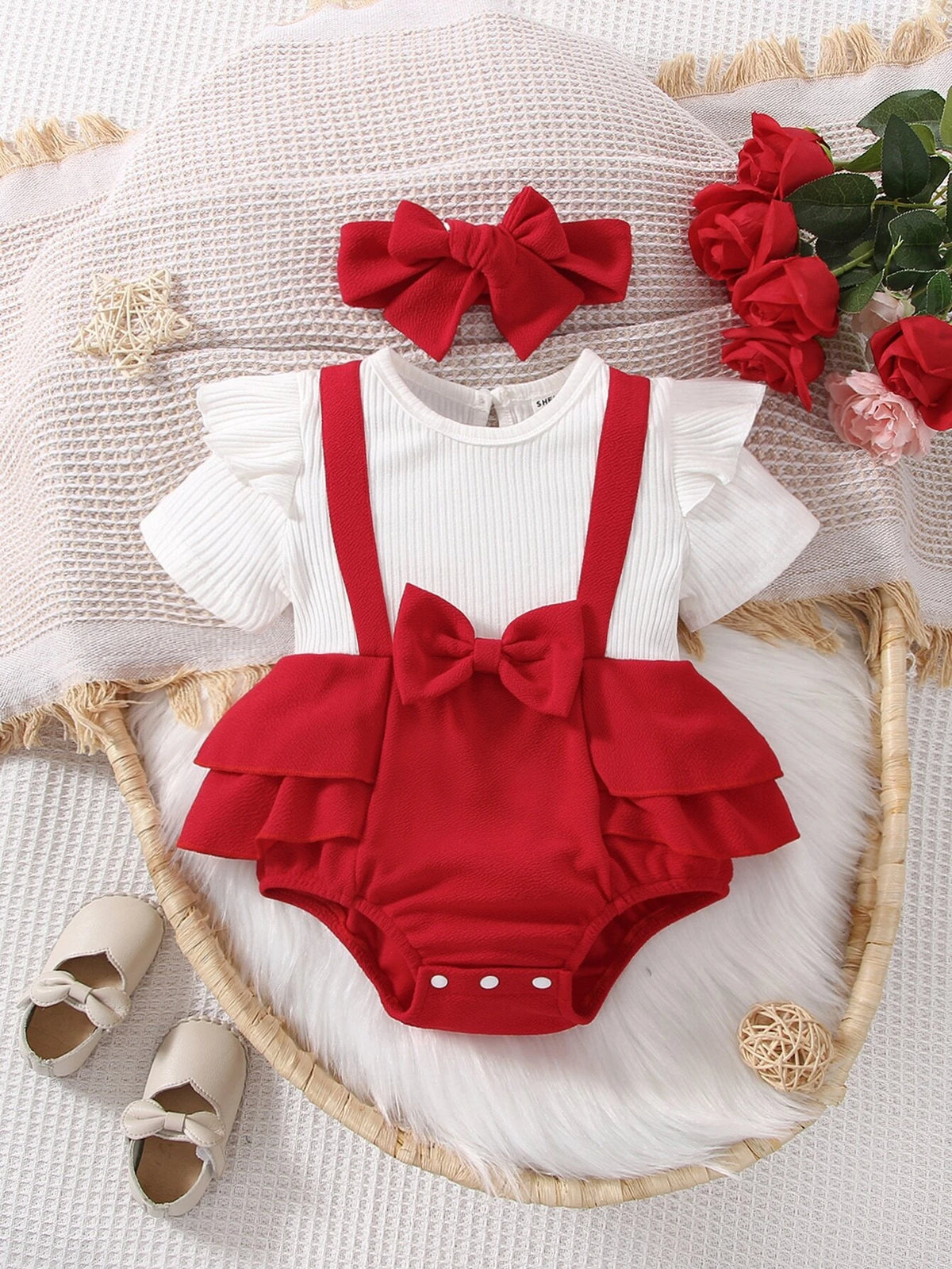 Baby Ruffle Trim Bow Front 2 In 1 Bodysuit & Headband