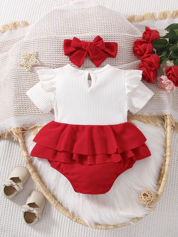 Baby Ruffle Trim Bow Front 2 In 1 Bodysuit & Headband