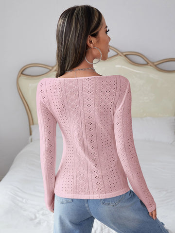 Deep V-neck Pointelle Knit Tee