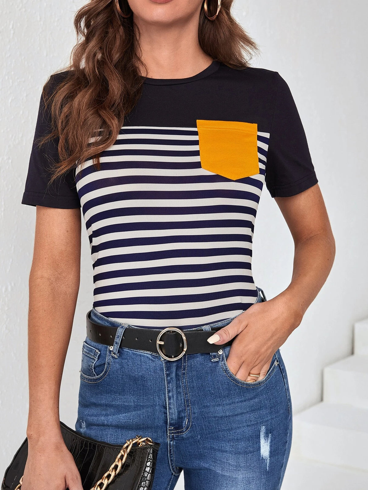 EMERY ROSE Striped Print Pocket Patched Tee