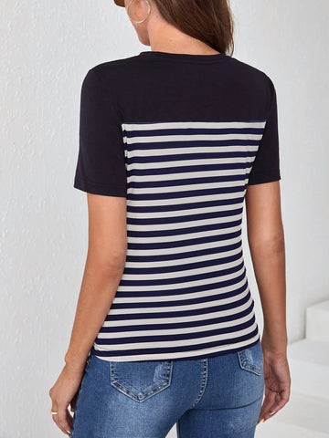 EMERY ROSE Striped Print Pocket Patched Tee
