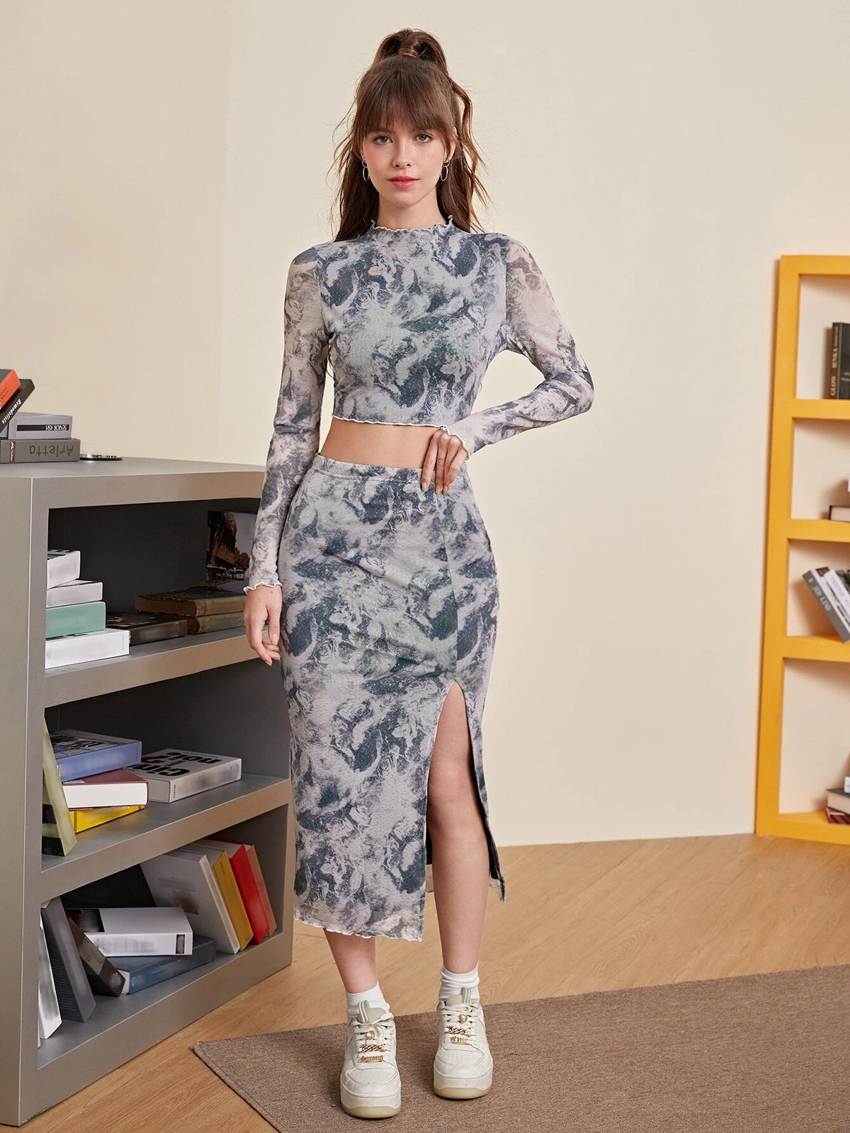 MOD Tie Dye Mock Neck Mesh Top & Split Thigh Skirt