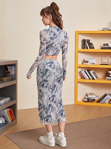 MOD Tie Dye Mock Neck Mesh Top & Split Thigh Skirt