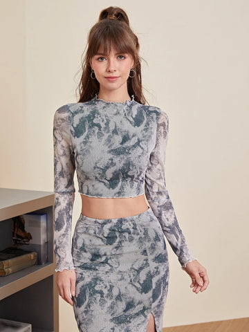 MOD Tie Dye Mock Neck Mesh Top & Split Thigh Skirt