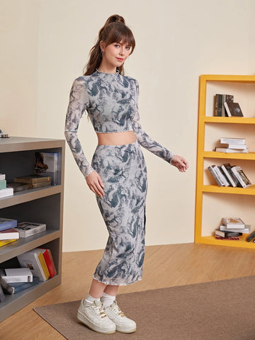 MOD Tie Dye Mock Neck Mesh Top & Split Thigh Skirt