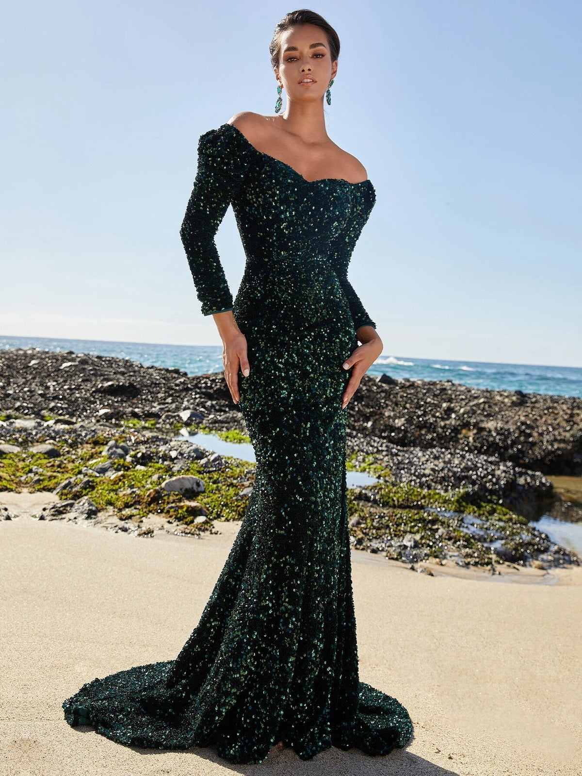 Off Shoulder Mermaid Hem Sequin Formal Dress