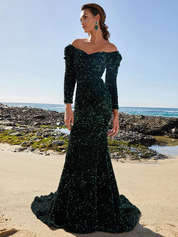 Off Shoulder Mermaid Hem Sequin Formal Dress