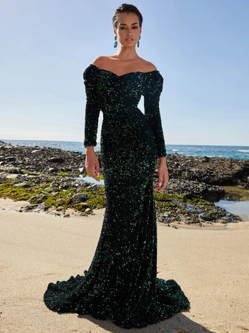 Off Shoulder Mermaid Hem Sequin Formal Dress