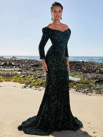 Off Shoulder Mermaid Hem Sequin Formal Dress