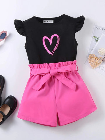 Girls Heart Print Ruffle Trim Top & Paperbag Waist Shorts