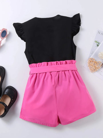 Girls Heart Print Ruffle Trim Top & Paperbag Waist Shorts