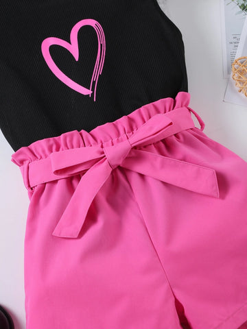 Girls Heart Print Ruffle Trim Top & Paperbag Waist Shorts