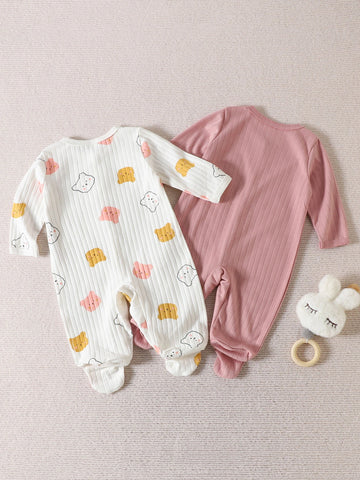 Baby 2pcs Cartoon Graphic Ribbed Knit Footed Sleepsuit